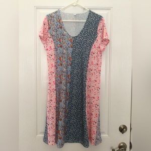 Boho dress short sleeve plaid patchwork stretchy knee length NEW